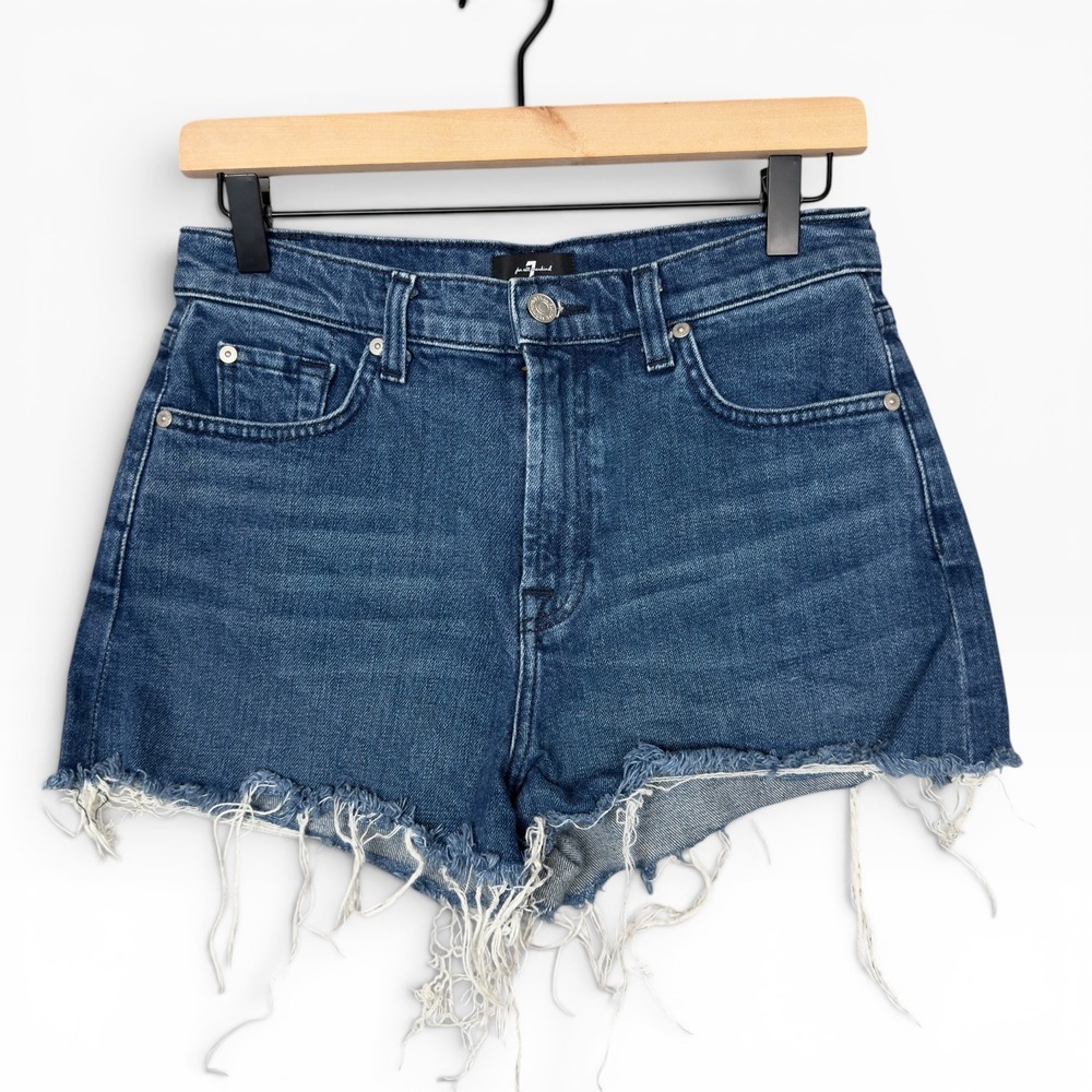 7 For All Mankind Denim Shorts Womens 28 Blue High Rise Cut Off Frayed Hem